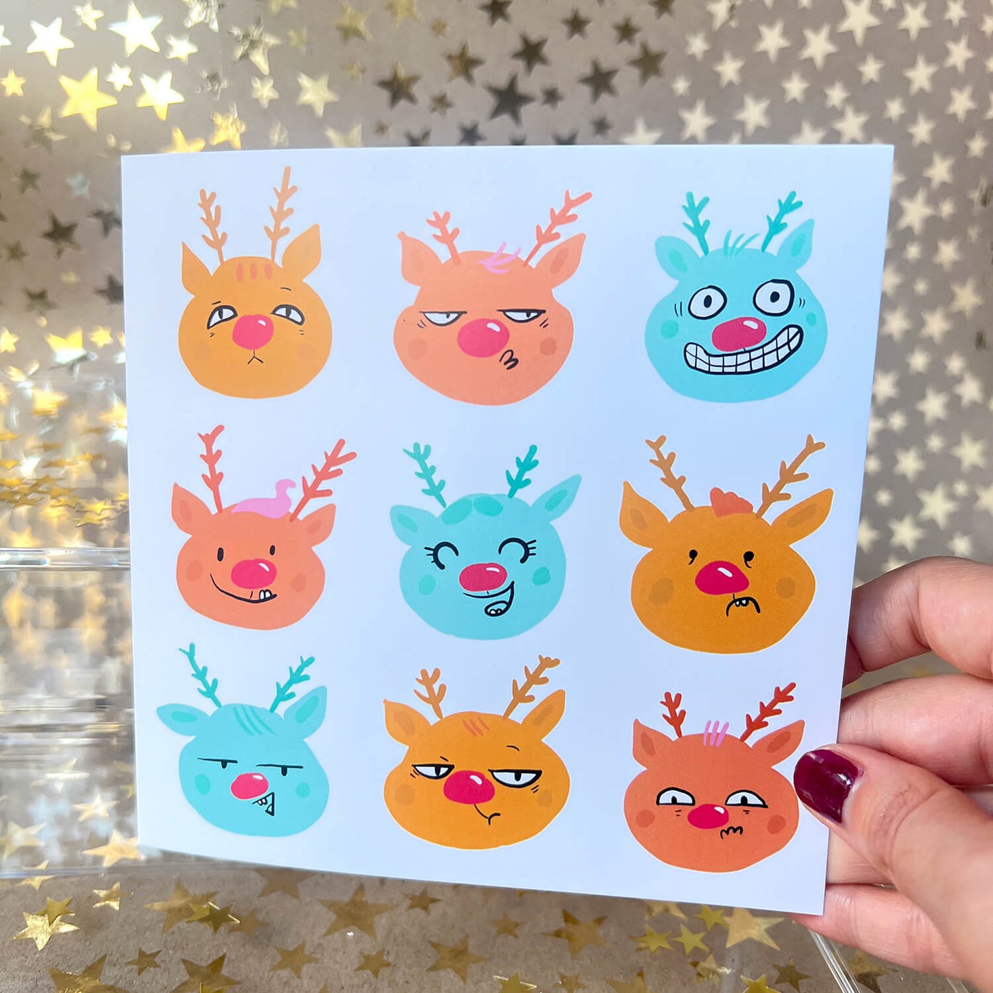 Moody reindeer Christmas card (15x15cm with envelope)