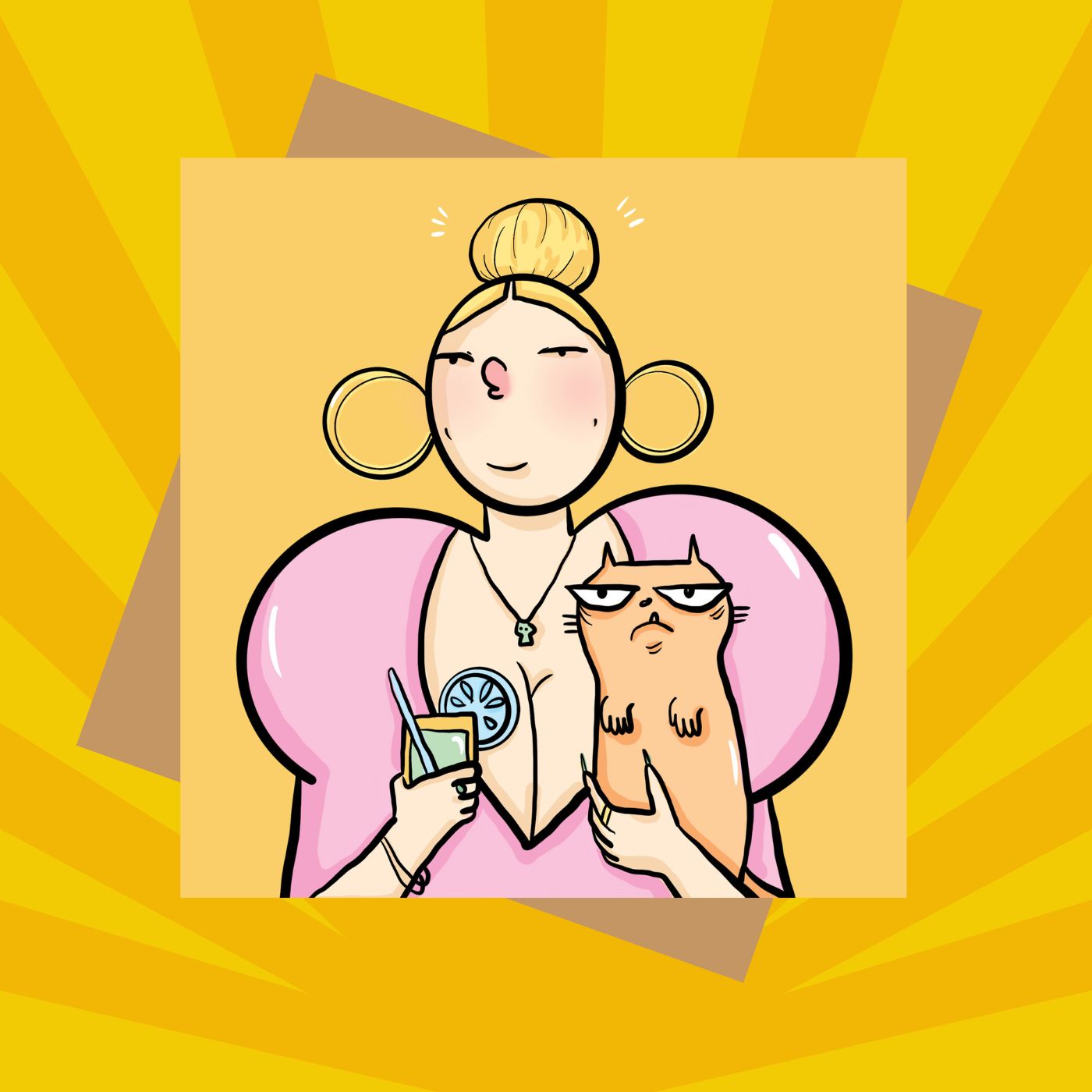 Cat lady greeting card - Blonde hair on yellow background (15x15cm with envelope)