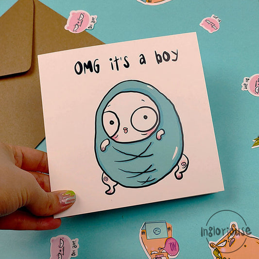 Funny new baby boy card (15x15cm with envelope)