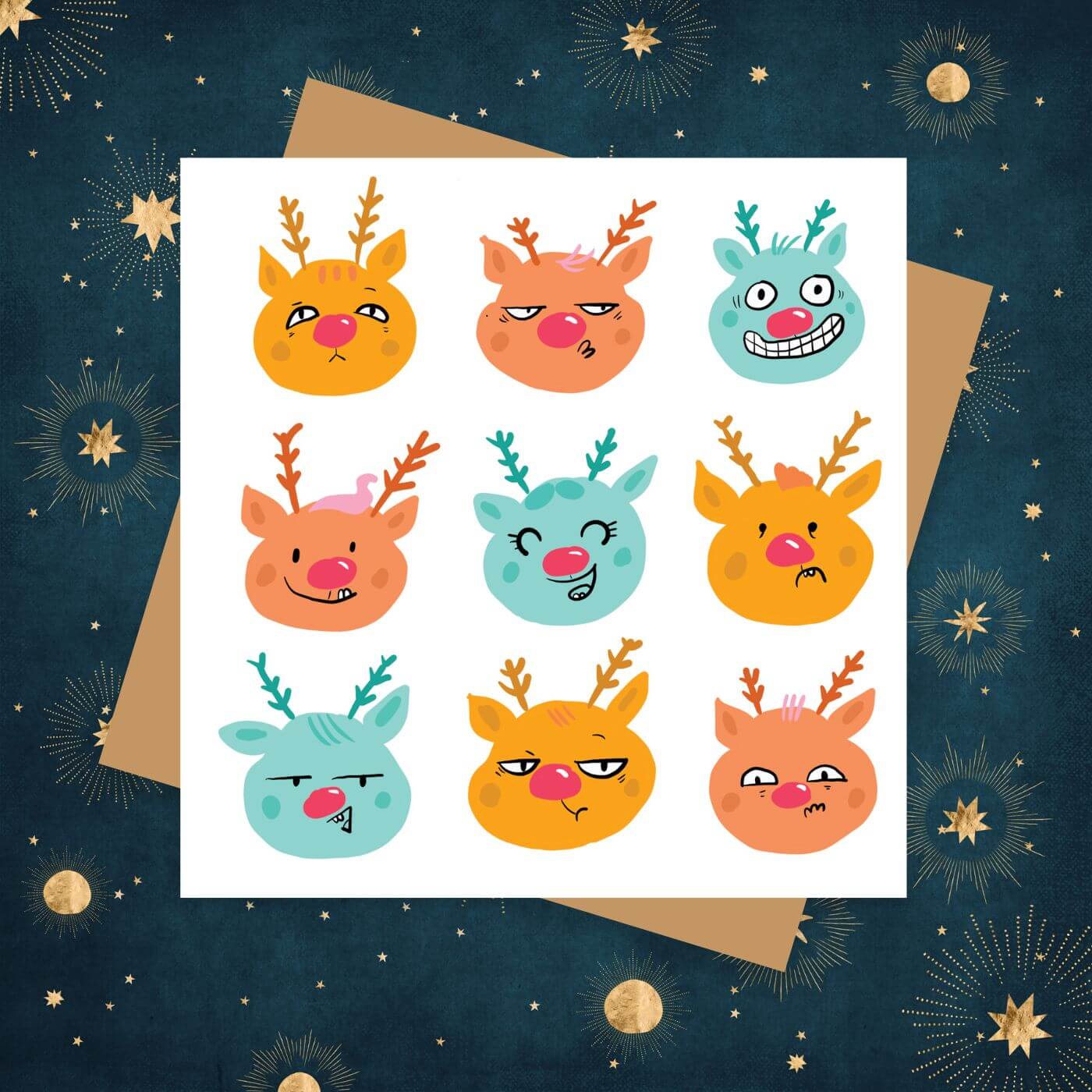 Moody reindeer Christmas card (15x15cm with envelope)